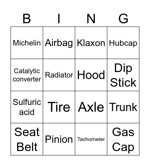 Car Parts Bingo Card