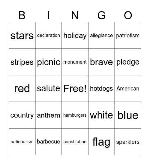 Independance Immersion Bingo Card