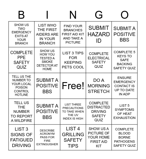 SAFETY BINGO CARD ONE Bingo Card