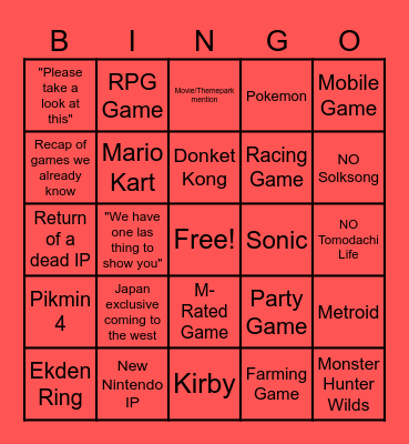 June 2024 Nintendo Direct Bingo Card