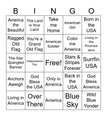 Patriotic Music Bingo Card