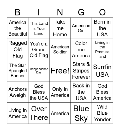 Patriotic Music Bingo Card