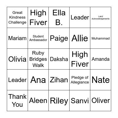 FVE Student Ambassador Team Bingo Card