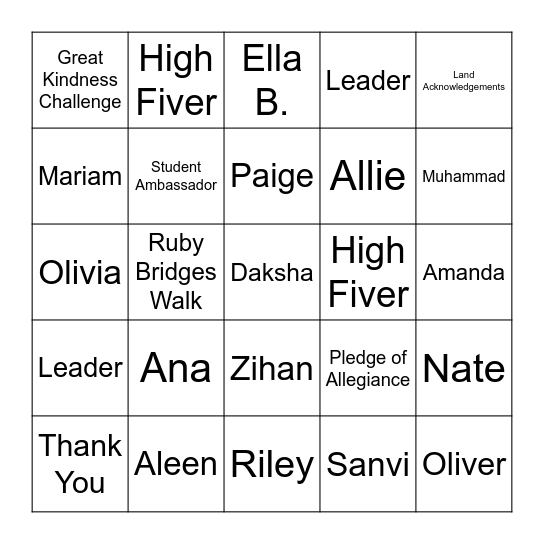 FVE Student Ambassador Team Bingo Card