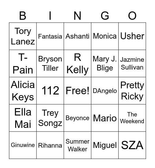 R&B Bingo Card