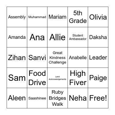 FVE Student Ambassador Bingo Card