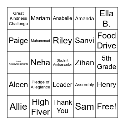 FVE Student Ambassador Team Bingo Card