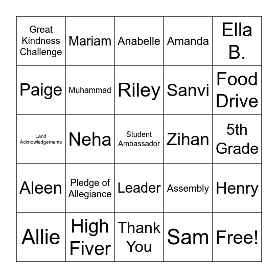 FVE Student Ambassador Team Bingo Card