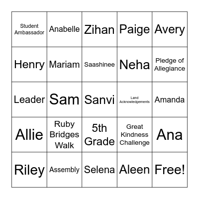 FVE Student Ambassador Team Bingo Card