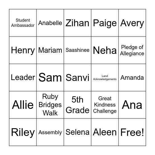 FVE Student Ambassador Team Bingo Card