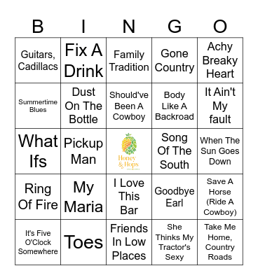 Country Sing-a-long Bingo Card