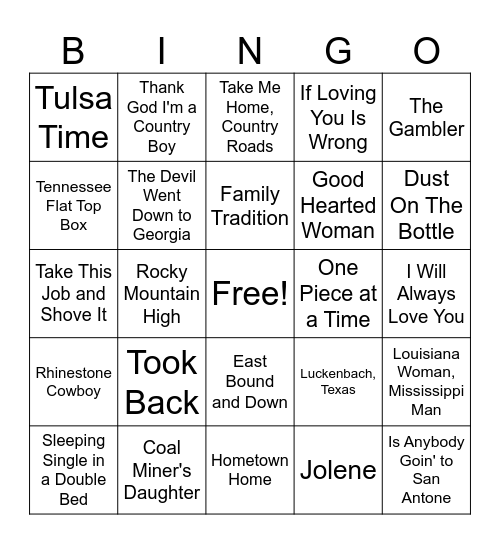 70s Country Bingo Card