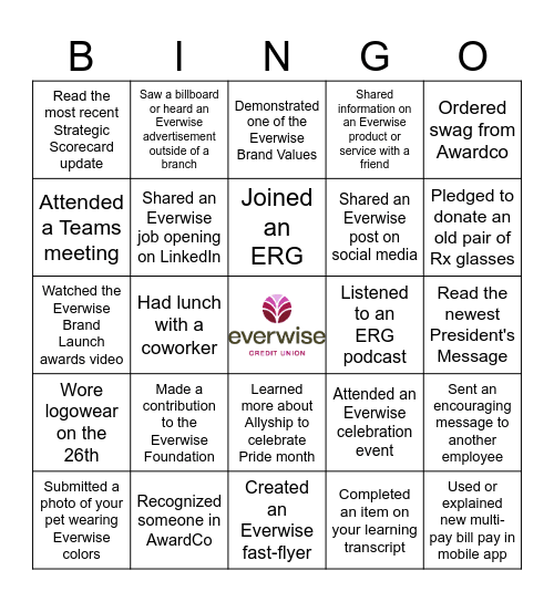 Everwise Spirit Week Bingo Card