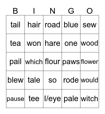 Sloan's vocabulary Bingo Card