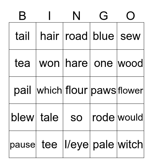 Sloan's vocabulary Bingo Card