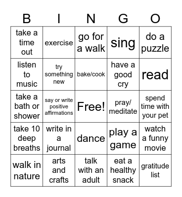 Coping Skills Bingo Card