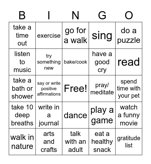 Coping Skills Bingo Card