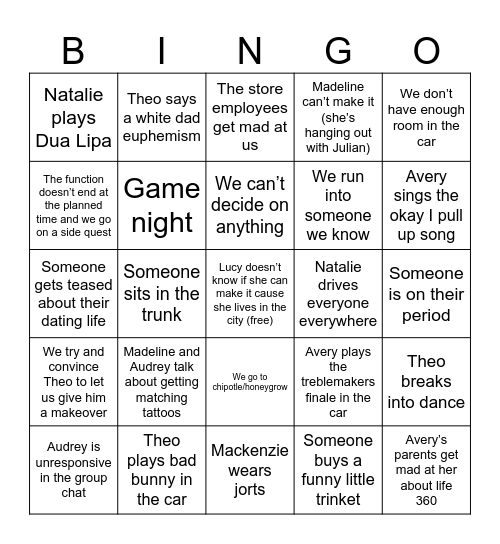 bingo for the function Bingo Card