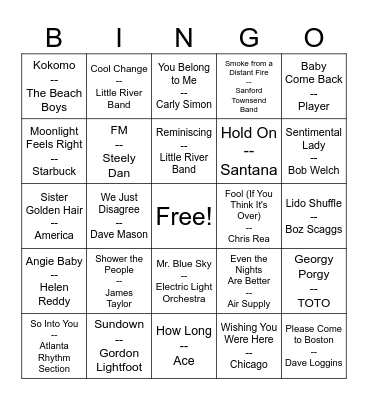 Yacht Rock Bingo Card