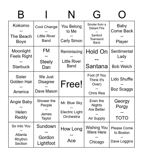 Yacht Rock Bingo Card