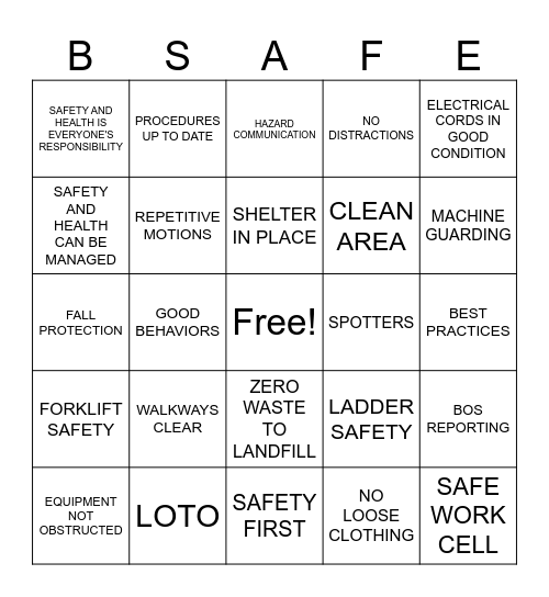 SAFETY BINGO Card