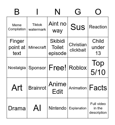 Youtube Shorts Bingo Card