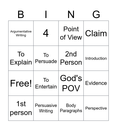 Persuasive Writing Bing Bingo Card