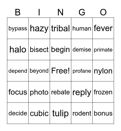 Phonics Bingo, Open Syllables Bingo Card
