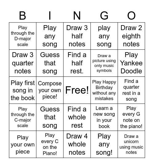 Piano Bingo Card