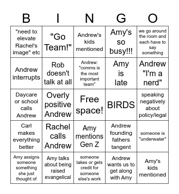 Comms meeting bingo Card