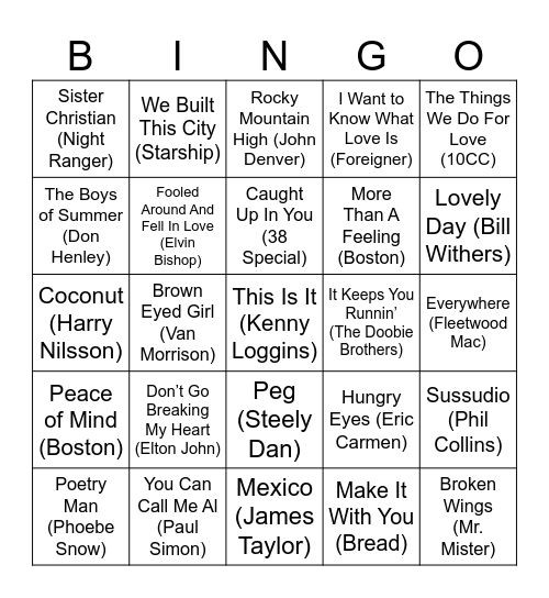 Yacht Rock Bingo Card