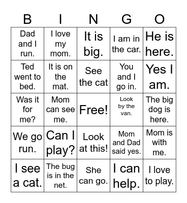 Fluency Phrase Bingo - Kinder Bingo Card