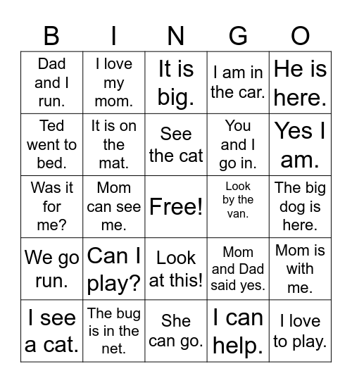 Fluency Phrase Bingo - Kinder Bingo Card