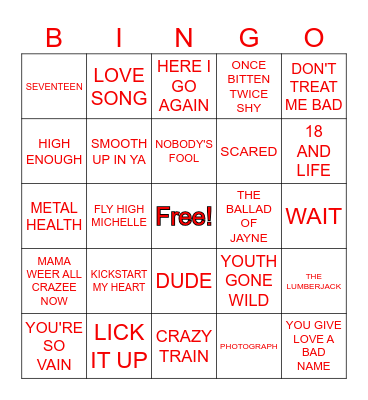 HAIR METAL!!!!!!!!! Bingo Card