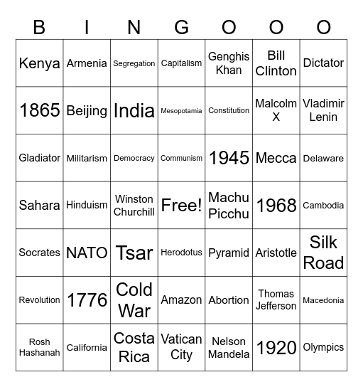 Social Studies Bingo Card