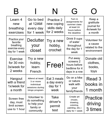 Summer Goals 2024 Bingo Card