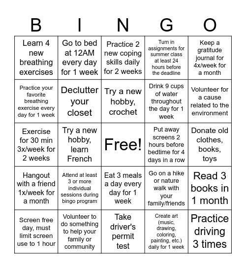 Summer Goals 2024 Bingo Card