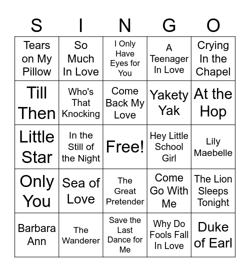 Singo Doo-Wop Oldies Bingo Card