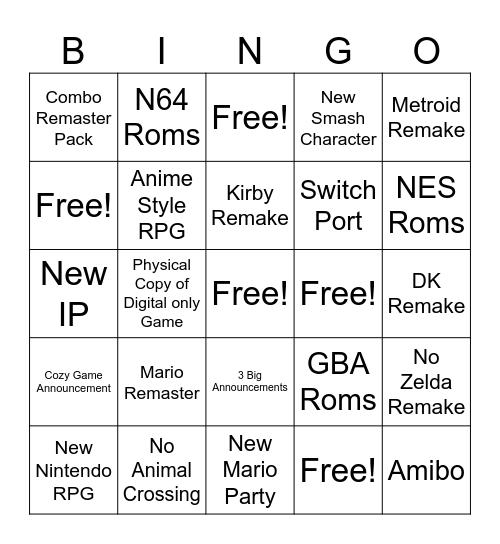 Nintendo Direct Bingo Card