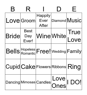 Sia's Bridal Shower Bingo Card