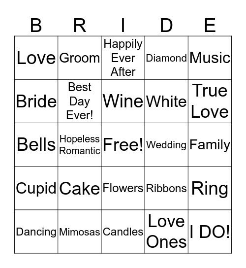 Sia's Bridal Shower Bingo Card