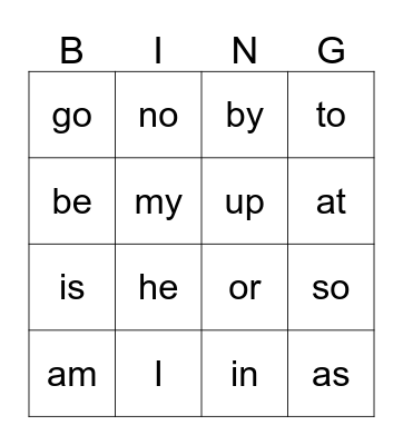 Sight Words Bingo Card