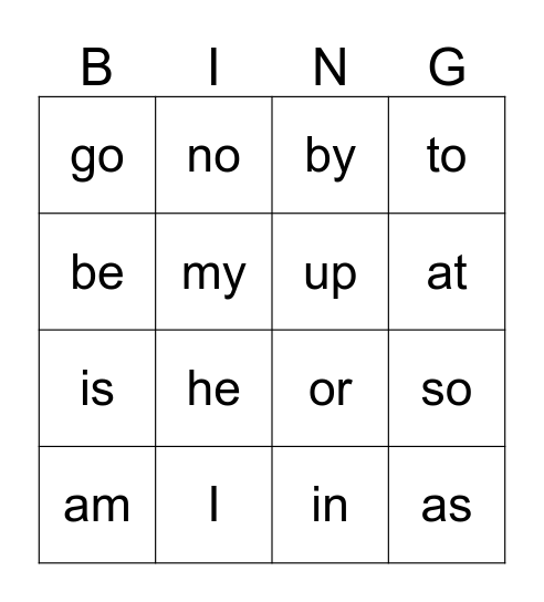 Sight Words Bingo Card