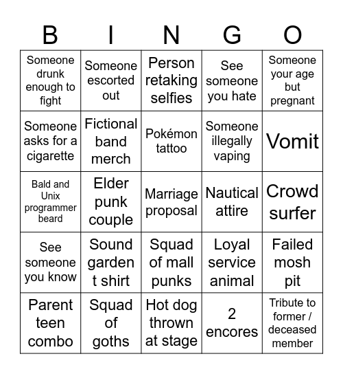 Concert bingo Card