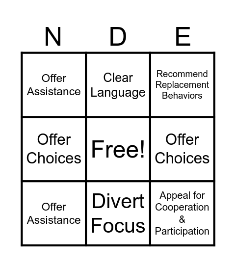 Encouragement De-escalation Strategies Bingo Card