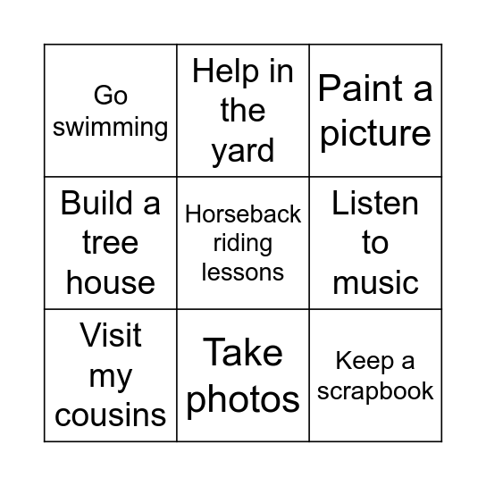 Vacations Bingo Card