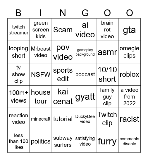 YouTube shorts Bingo Card