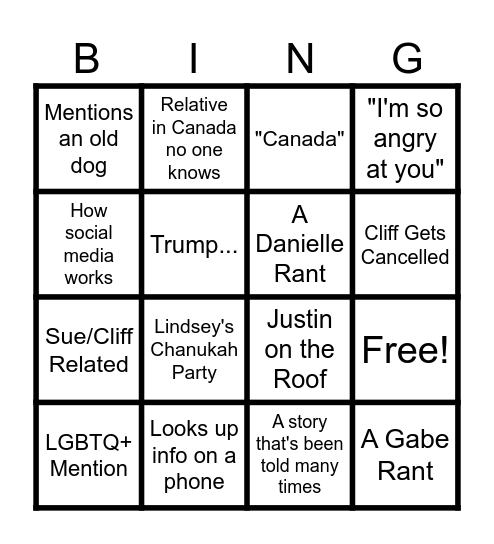 Family Gathering Bingo Card