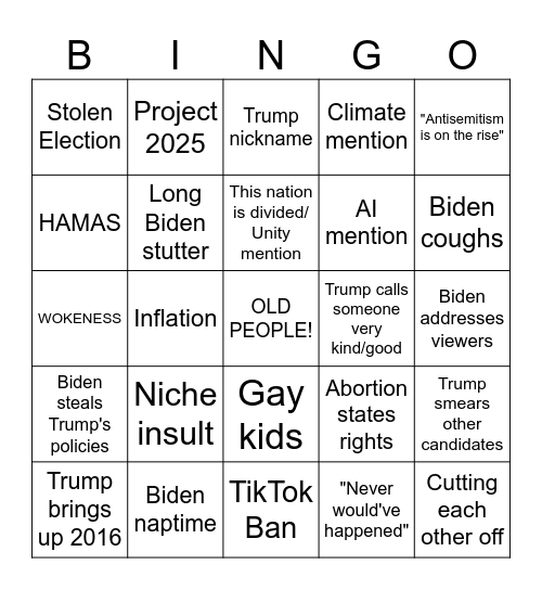 CNN Presidential Debate 2024 Bingo Card