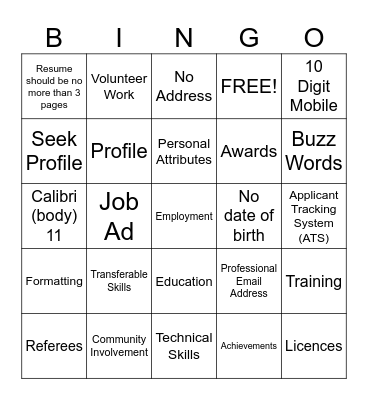 Resume Writing Bingo Card